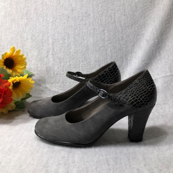 Gray Suede/Croc Heeled Mary Jane Pumps - Picture 6 of 16
